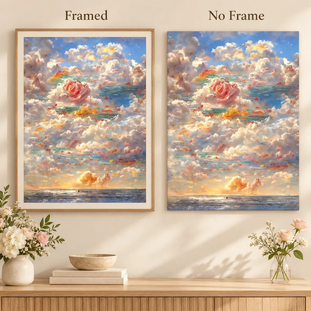 Pink Rose Floating Among Clouds and Ocean: frame comparison