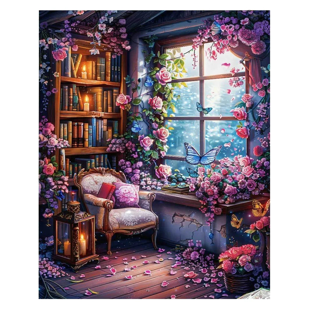 White-background original artwork of a rose-framed reading nook with bookshelves and an armchair