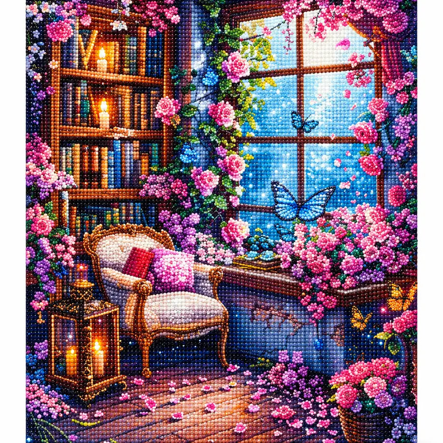 White-background finished diamond painting of a cozy reading nook framed by pink roses