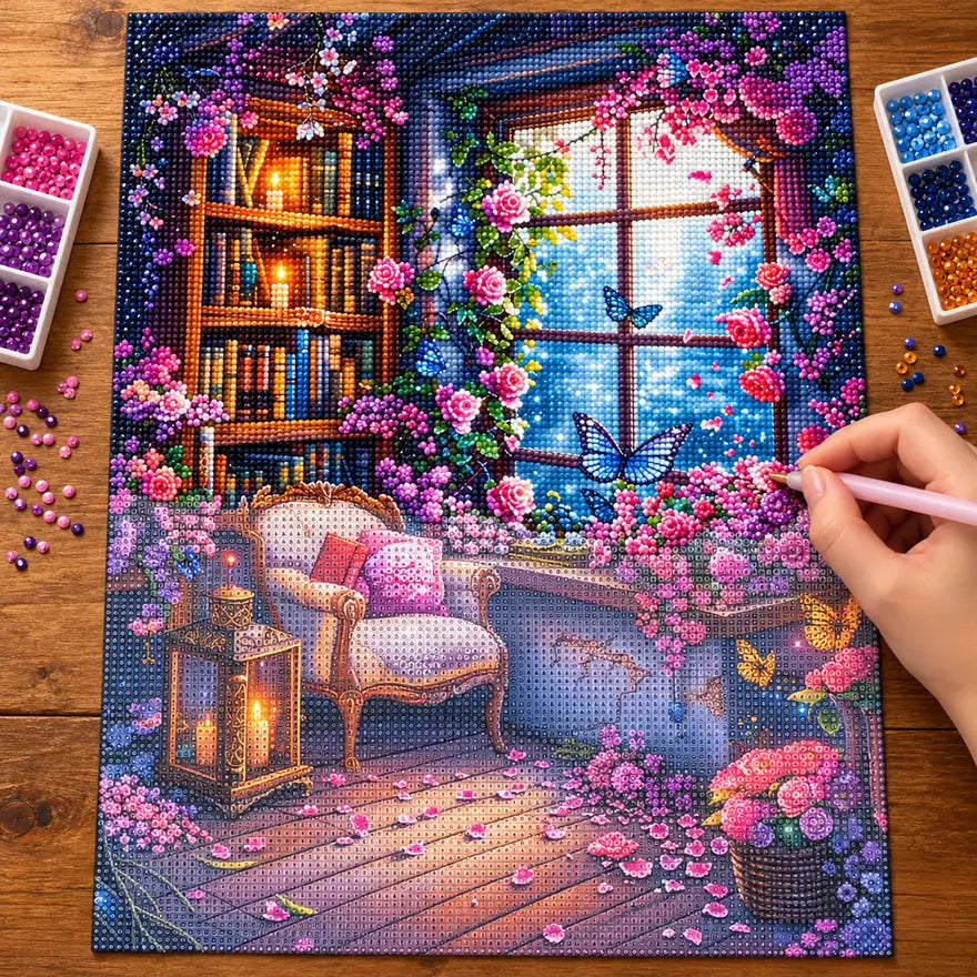 Diamond painting process showing a rose-filled reading nook being completed with a stylus