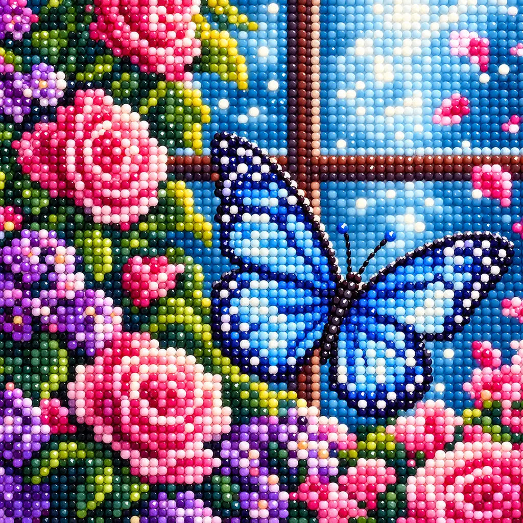 Close-up diamond drill detail of pink roses around a bright window and bookshelves