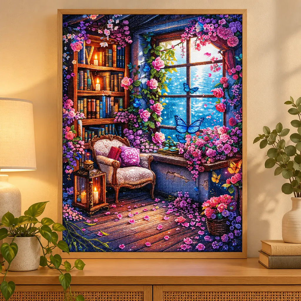 Framed rose-filled reading nook diamond painting displayed as home decor