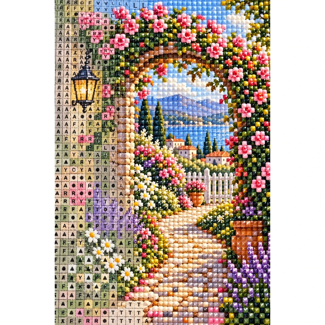 Rose Garden Archway Diamond Painting Kit diamond and canvas detail