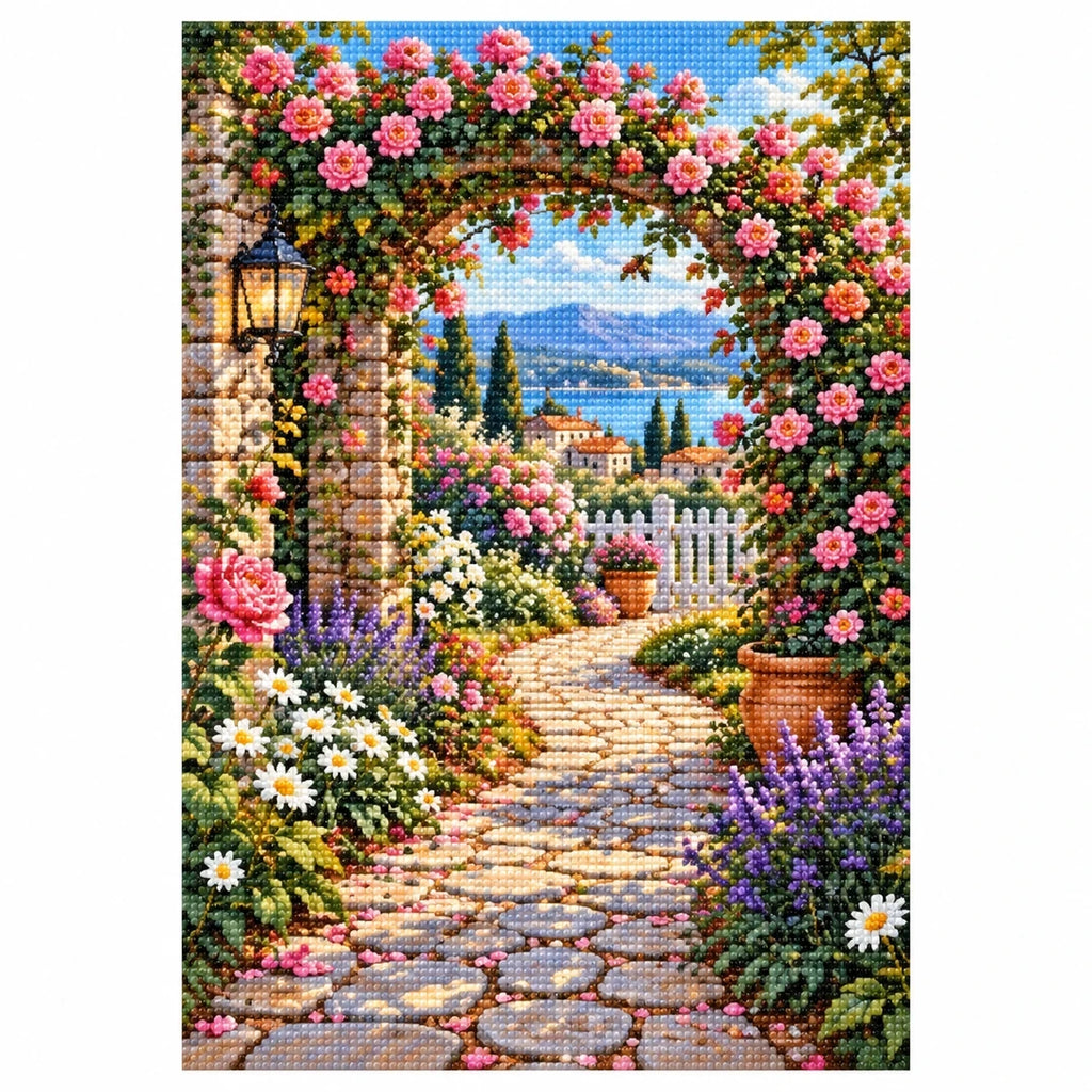 Rose Garden Archway Diamond Painting Kit finished diamond artwork on white background