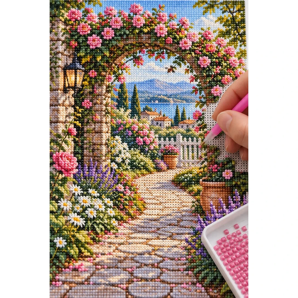 Rose Garden Archway Diamond Painting Kit diamond placement process