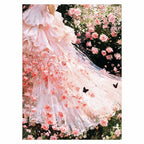 Original artwork showing a flowing blush gown surrounded by a rose garden.