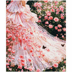 Finished diamond painting of a flowing blush gown surrounded by a rose garden.