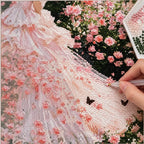 Diamond painting process for a flowing blush gown surrounded by a rose garden.