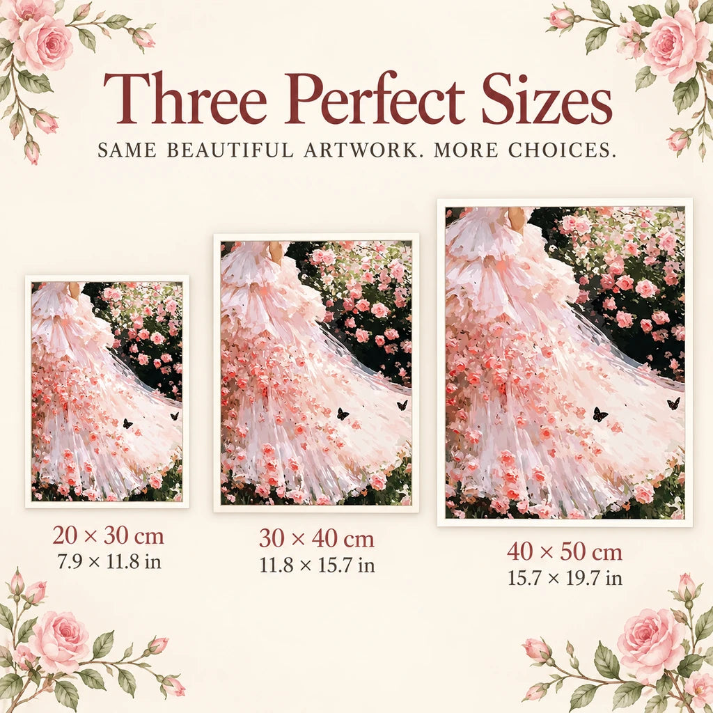 Size guide for Rose Garden Gown Diamond Painting Kit: 20 × 30 cm, 30 × 40 cm, and 40 × 50 cm.
