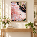 Home decor scene showing a flowing blush gown surrounded by a rose garden displayed on a wall.