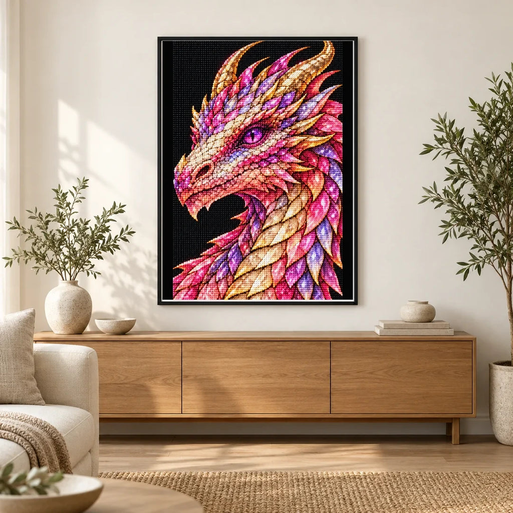 Rose Quartz Mosaic Dragon finished diamond painting in a home interior