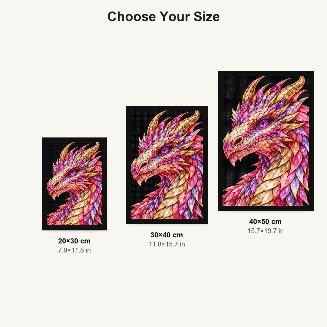 Rose Quartz Mosaic Dragon 20 by 30, 30 by 40, and 40 by 50 centimeter size guide