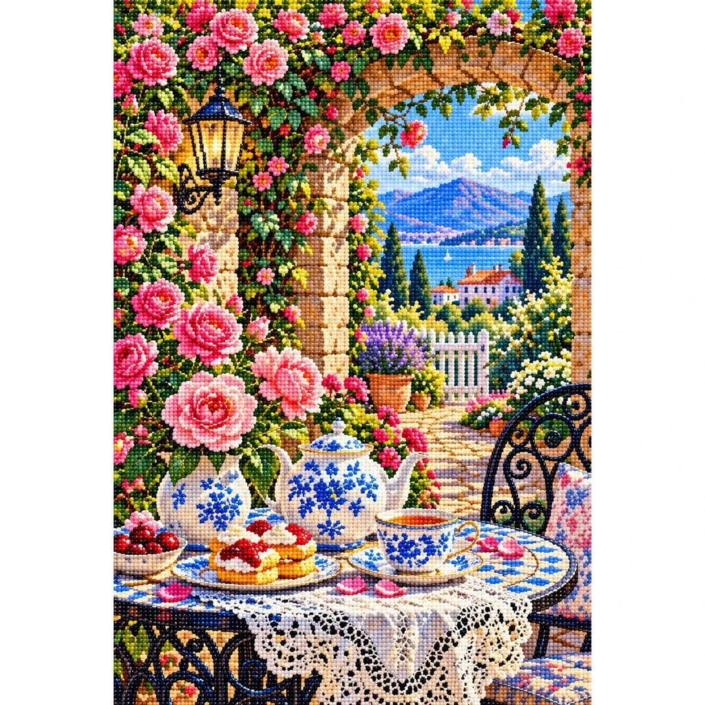 Rose Tea Table Secret Garden — finished diamond painting on a white background