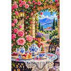 Rose Tea Table Secret Garden — finished diamond painting on a white background