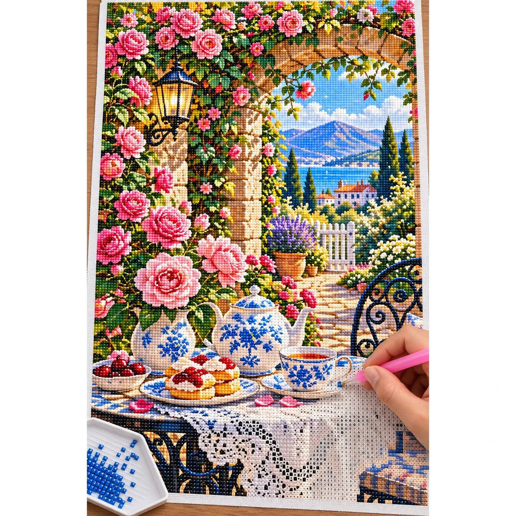 Rose Tea Table Secret Garden — diamond painting process with applicator pen