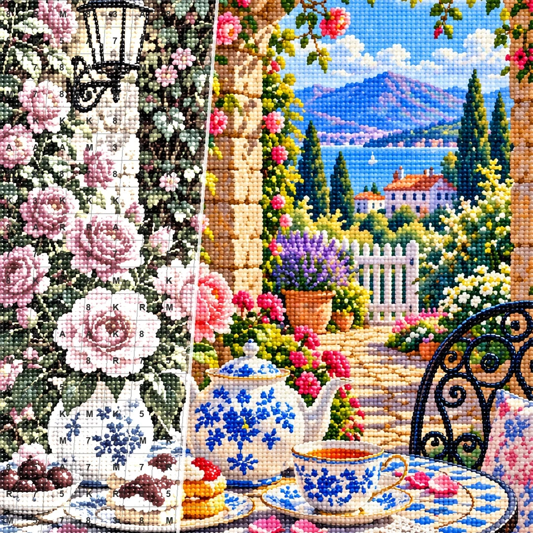 Rose Tea Table Secret Garden — close-up canvas and resin drill detail