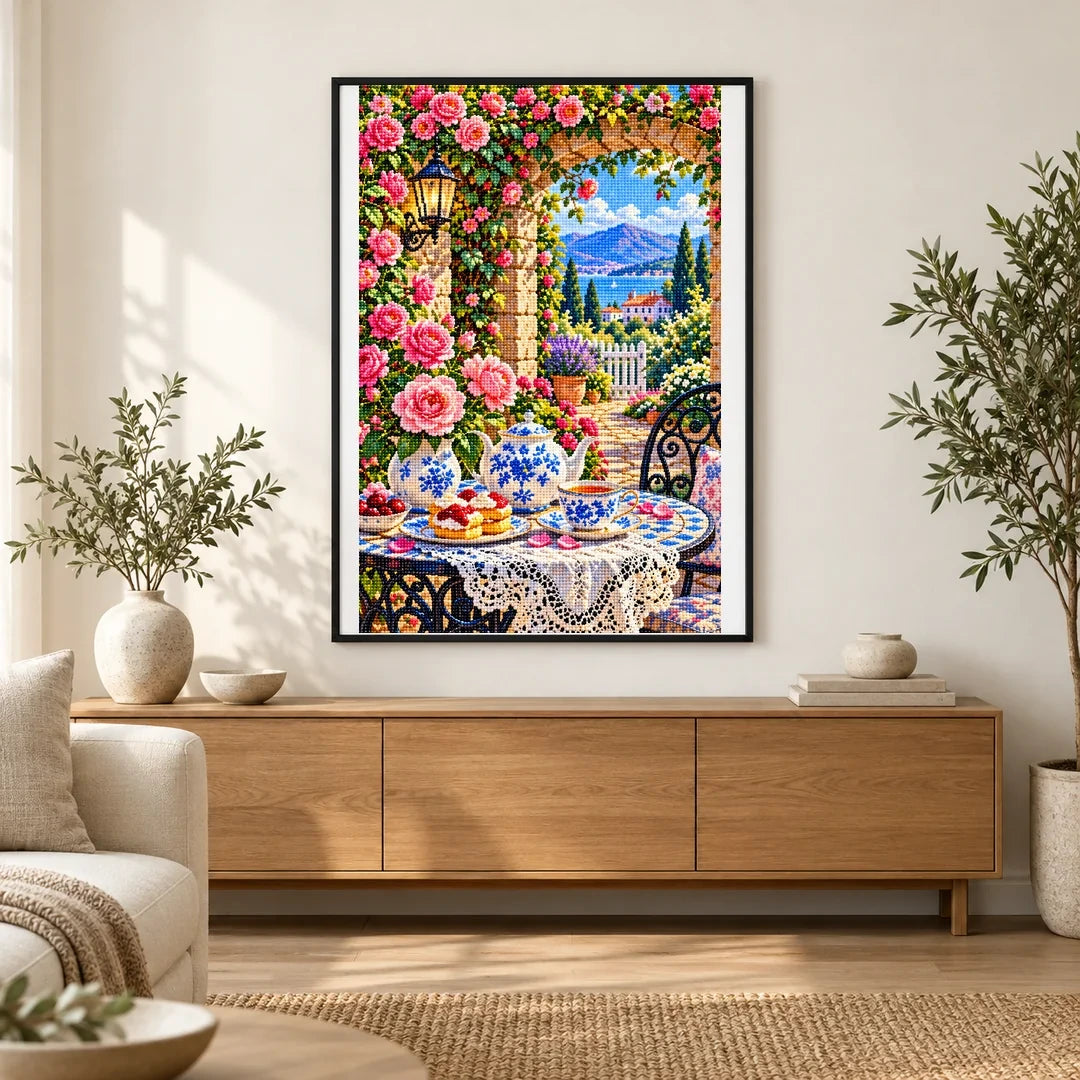Rose Tea Table Secret Garden — finished diamond painting displayed in a home interior