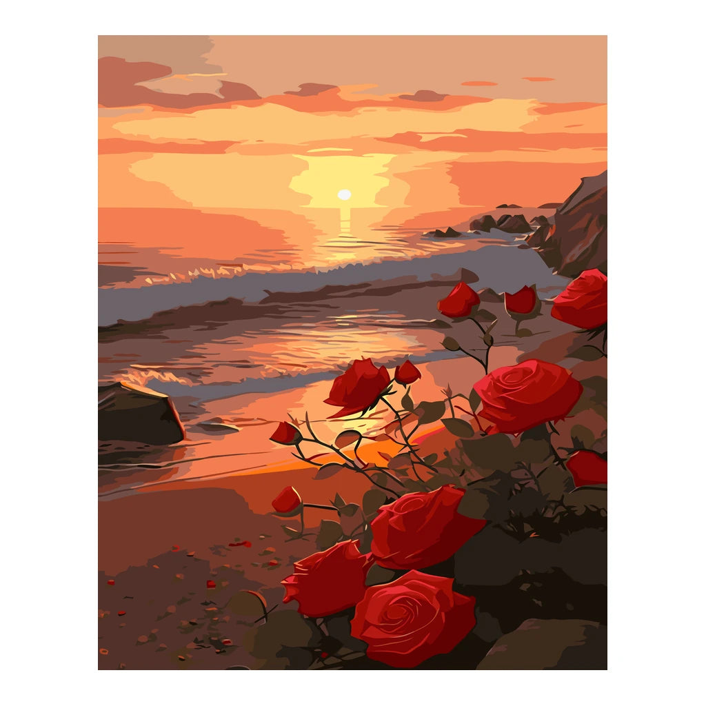 Original artwork for Roses at Sunset Shore Diamond Painting Kit, showing a red roses beside a rocky shore beneath a glowing sunset.