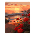 Original artwork for Roses at Sunset Shore Diamond Painting Kit, showing a red roses beside a rocky shore beneath a glowing sunset.