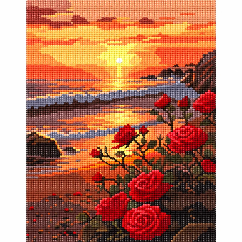 Finished diamond painting for Roses at Sunset Shore Diamond Painting Kit, showing a red roses beside a rocky shore beneath a glowing sunset.