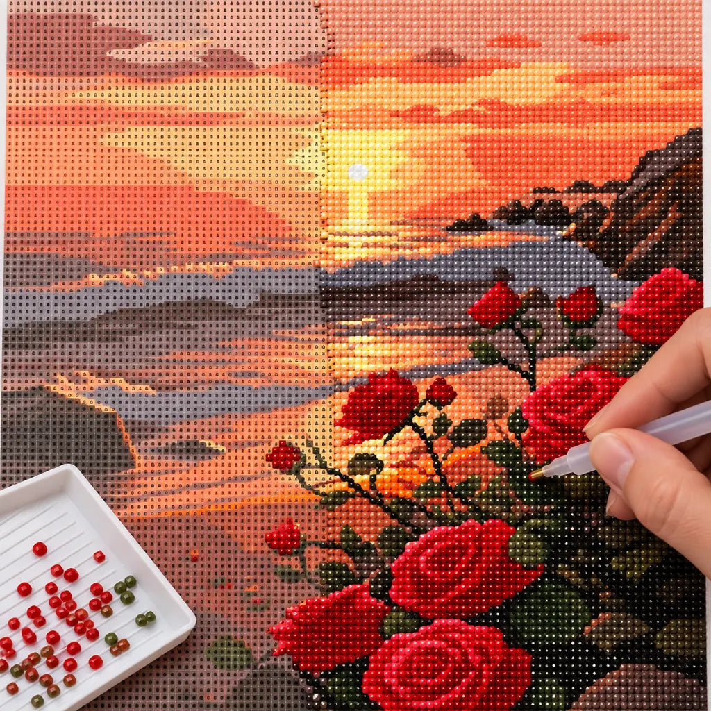 Diamond painting process for Roses at Sunset Shore Diamond Painting Kit, with hands applying drills over a red roses beside a rocky shore beneath a glowing sunset.