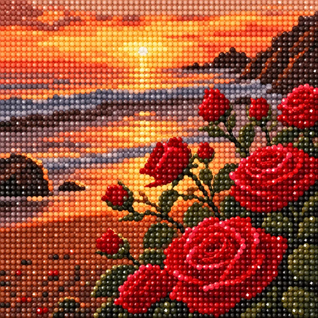 Close-up detail of drill texture across a red roses beside a rocky shore beneath a glowing sunset.