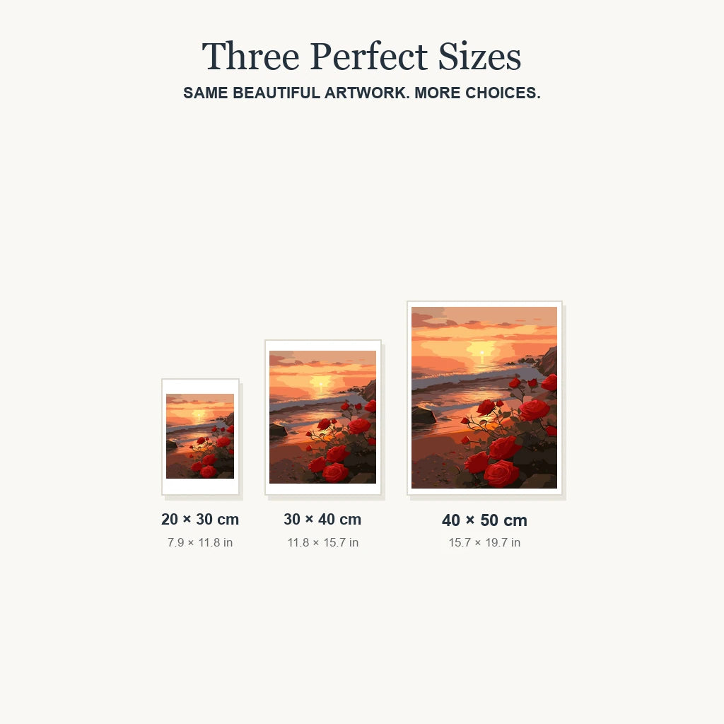 Size guide for Roses at Sunset Shore Diamond Painting Kit: 20 × 30 cm, 30 × 40 cm and 40 × 50 cm.
