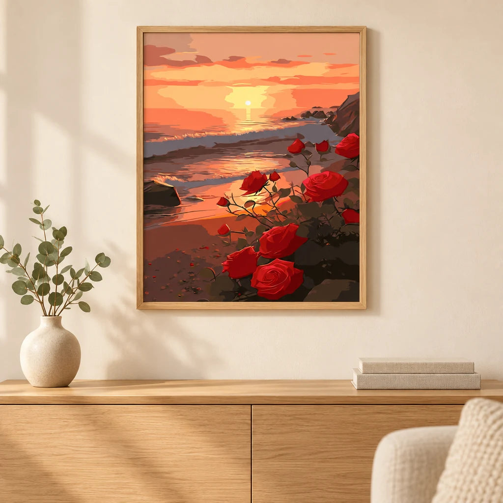 Home decor scene showing the Roses at Sunset Shore Diamond Painting Kit artwork displayed in a room.