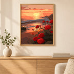 Home decor scene showing the Roses at Sunset Shore Diamond Painting Kit artwork displayed in a room.