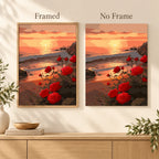 Framed and no-frame comparison for Roses at Sunset Shore Diamond Painting Kit, showing the same red roses beside a rocky shore beneath a glowing sunset.