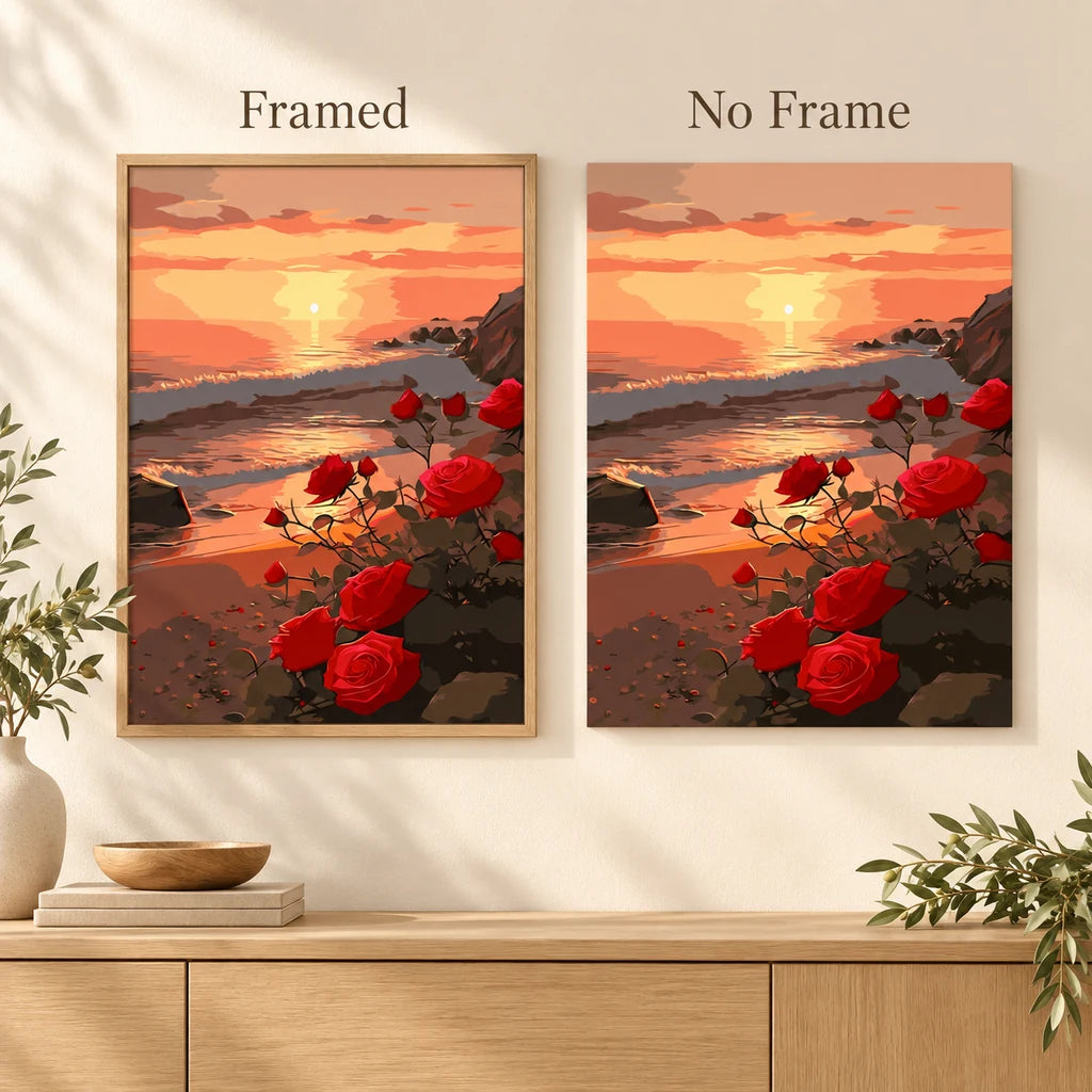 Framed and no-frame comparison for Roses at Sunset Shore Diamond Painting Kit, showing the same red roses beside a rocky shore beneath a glowing sunset.