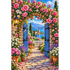 Roses Vintage Garden Gate — finished diamond painting on a white background