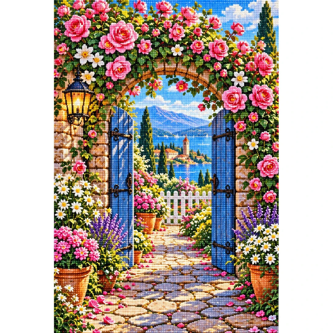 Roses Vintage Garden Gate — finished diamond painting on a white background