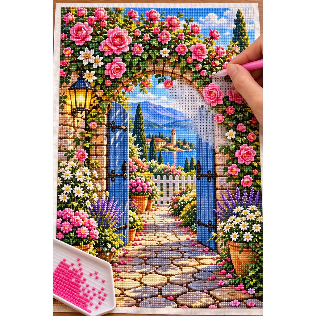 Roses Vintage Garden Gate — diamond painting process with applicator pen