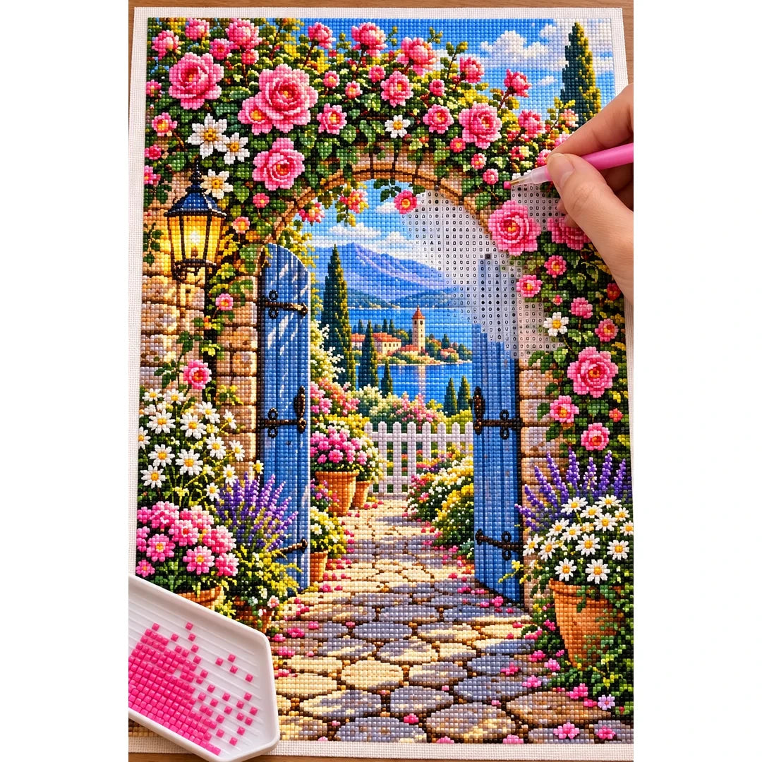 Roses Vintage Garden Gate — diamond painting process with applicator pen