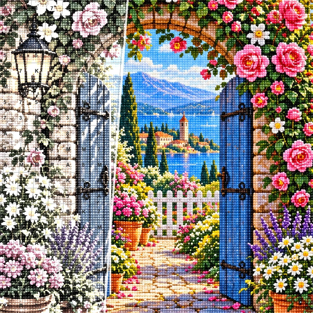 Roses Vintage Garden Gate — close-up canvas and resin drill detail