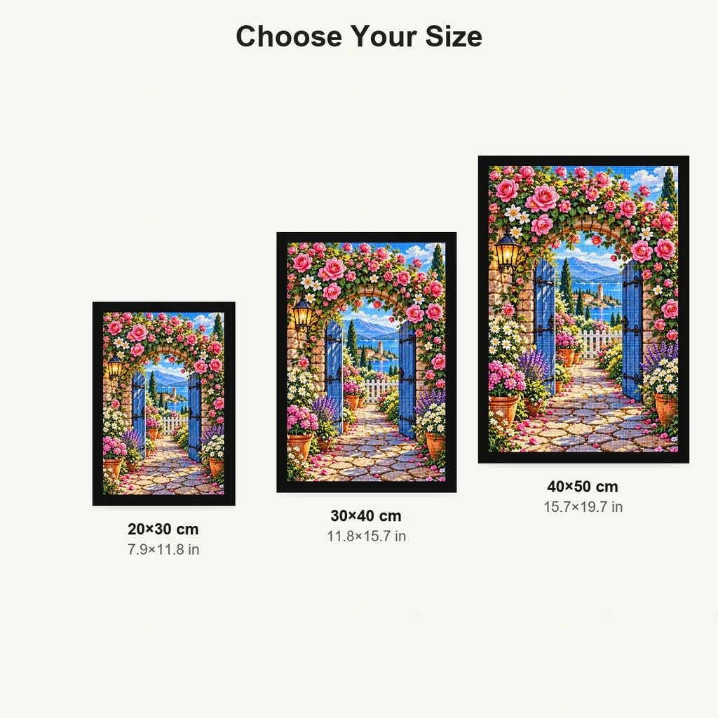 Roses Vintage Garden Gate — size comparison for 20 × 30, 30 × 40 and 40 × 50 cm