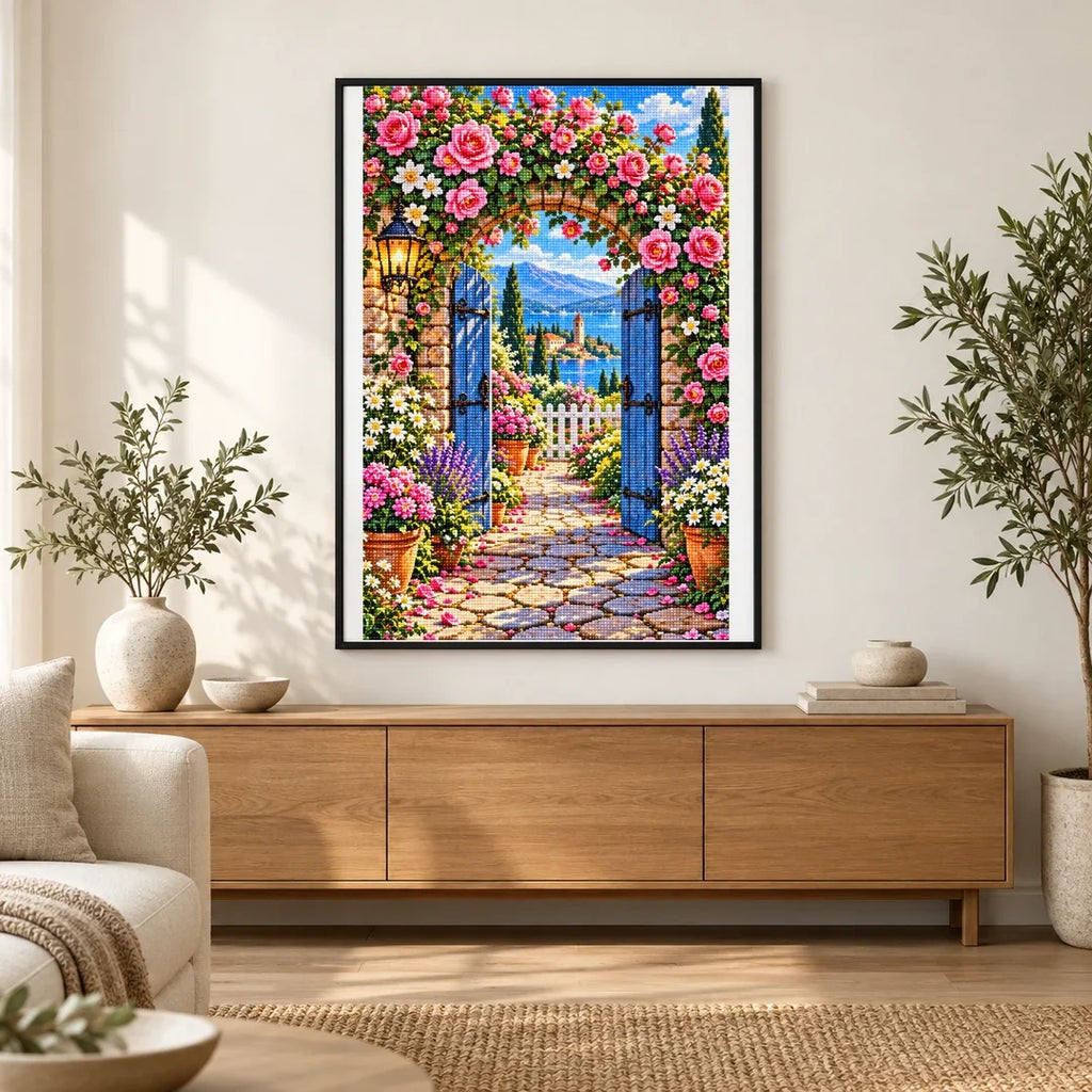 Roses Vintage Garden Gate — finished diamond painting displayed in a home interior