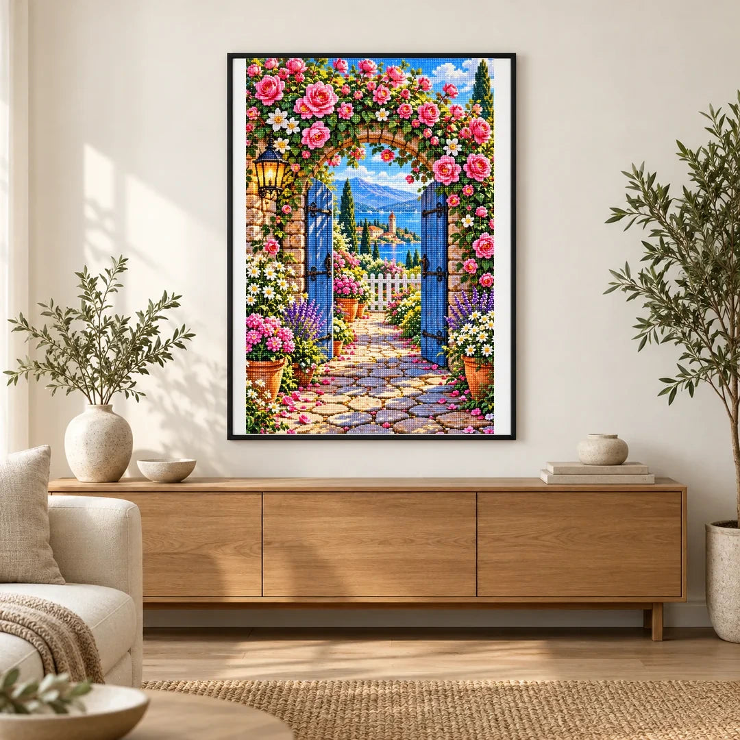 Roses Vintage Garden Gate — finished diamond painting displayed in a home interior