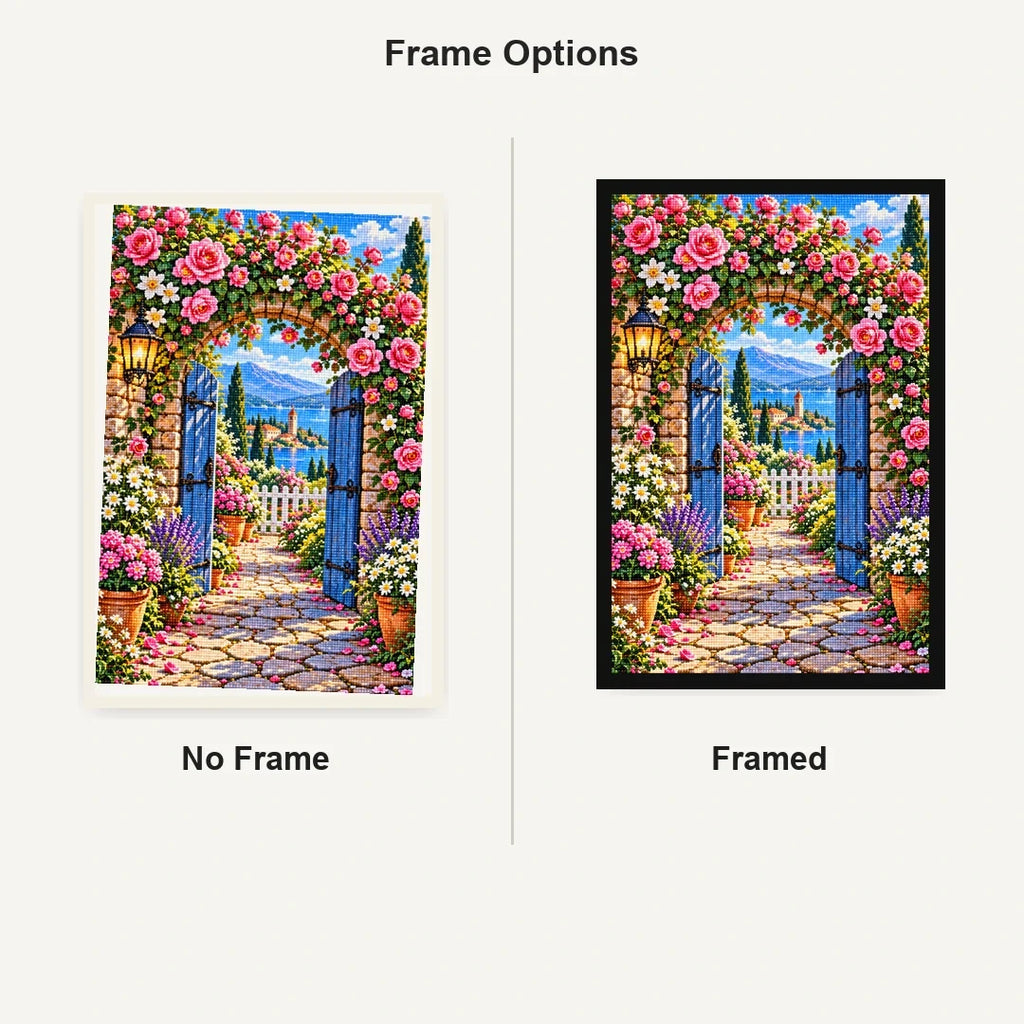 Roses Vintage Garden Gate — No Frame and Framed style comparison