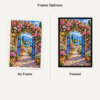 Roses Vintage Garden Gate — No Frame and Framed style comparison