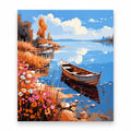 Rowboat on a Flowered Lakeshore paint by numbers artwork on a front-facing canvas against a white background