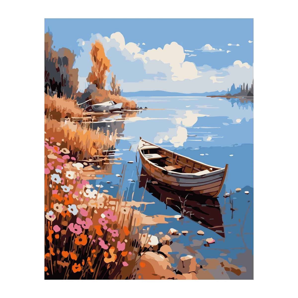 Rowboat on a Flowered Lakeshore completed artwork on a clean white background