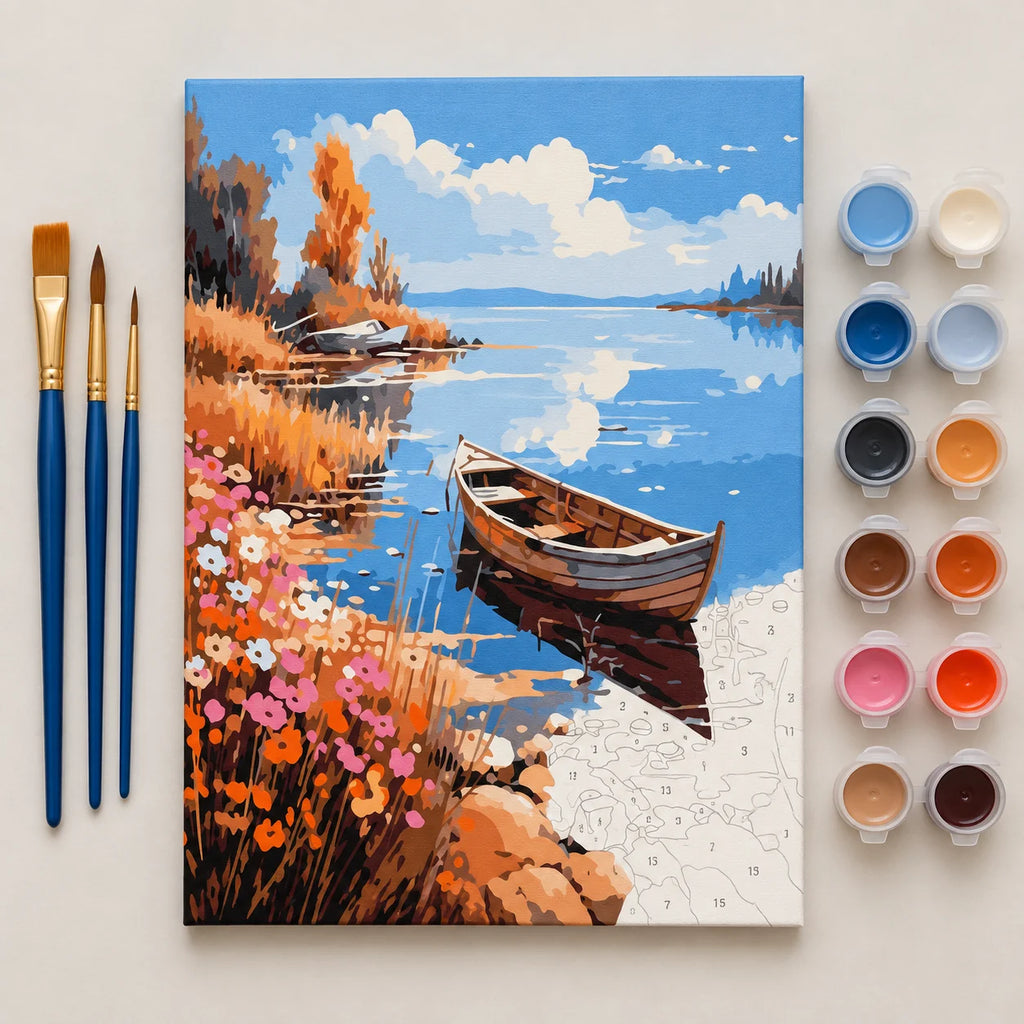 Complete Rowboat on a Flowered Lakeshore numbered canvas being painted with acrylic paints and brushes