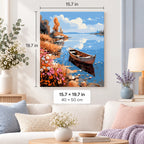 Rowboat on a Flowered Lakeshore shown in a styled room with 15.7 × 19.7 in and 40 × 50 cm dimensions