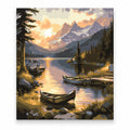 Rowboat on a Mountain Lake at Sunset paint by numbers artwork on a front-facing canvas against a white background