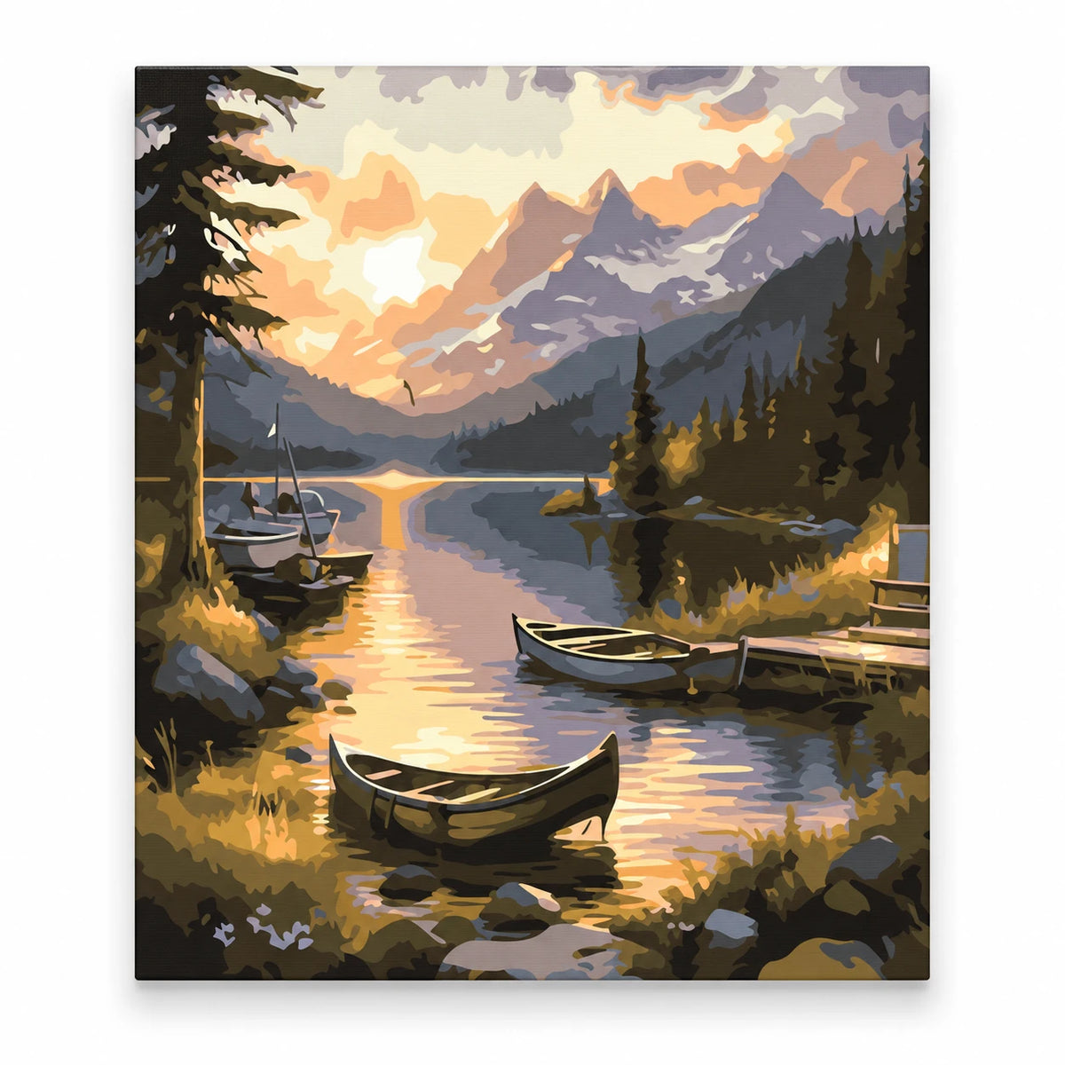Rowboat on a Mountain Lake at Sunset paint by numbers artwork on a front-facing canvas against a white background
