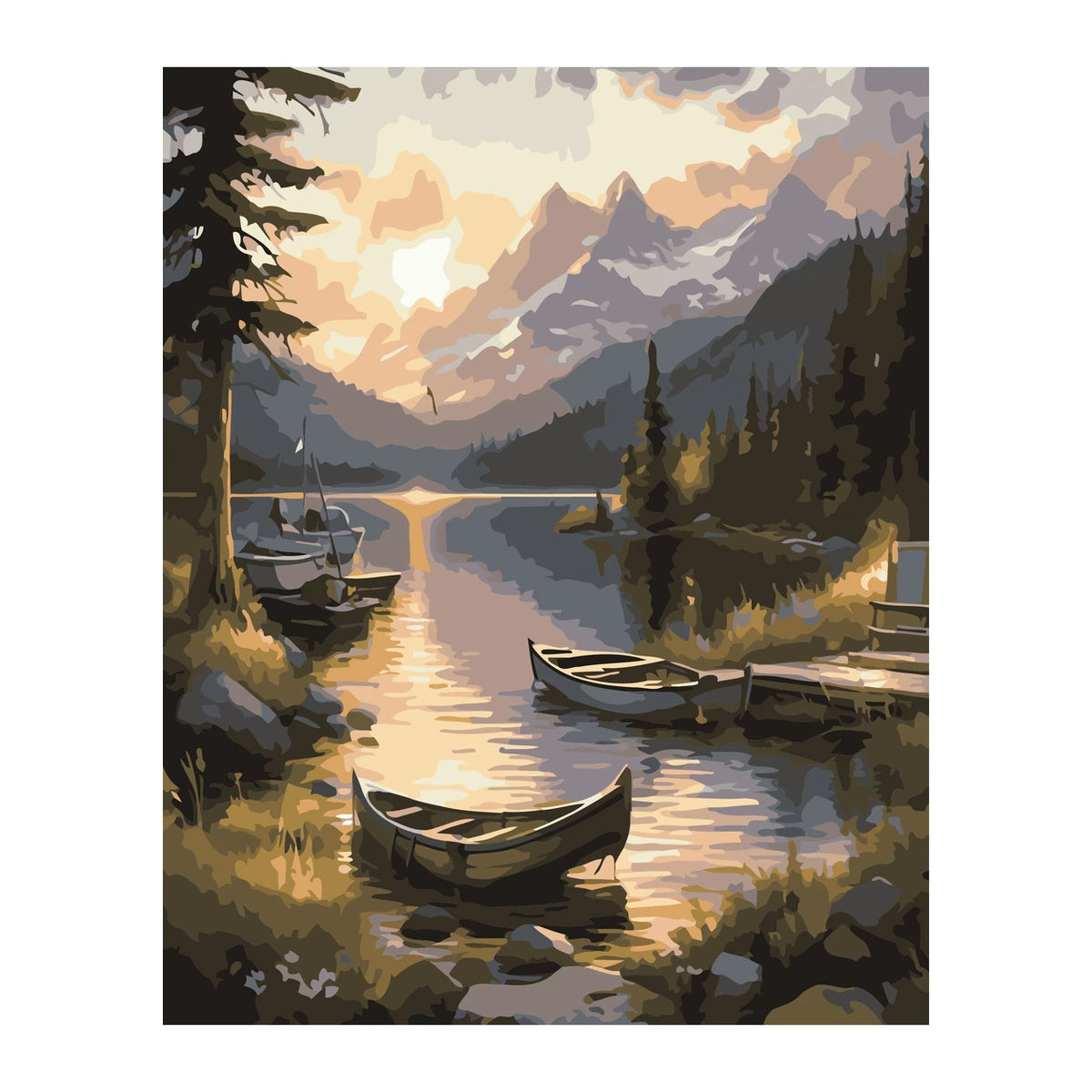 Rowboat on a Mountain Lake at Sunset completed artwork on a clean white background