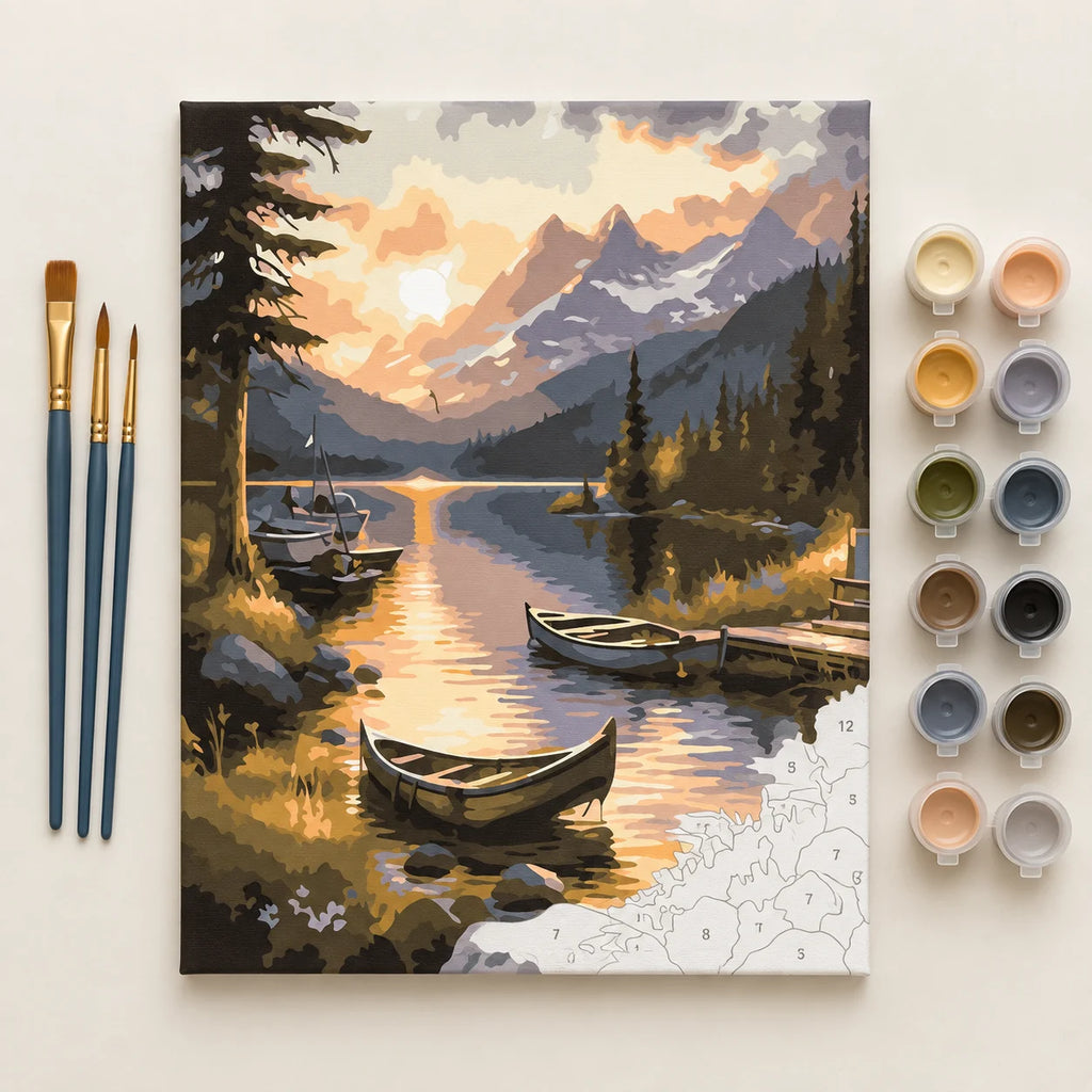 Complete Rowboat on a Mountain Lake at Sunset numbered canvas being painted with acrylic paints and brushes