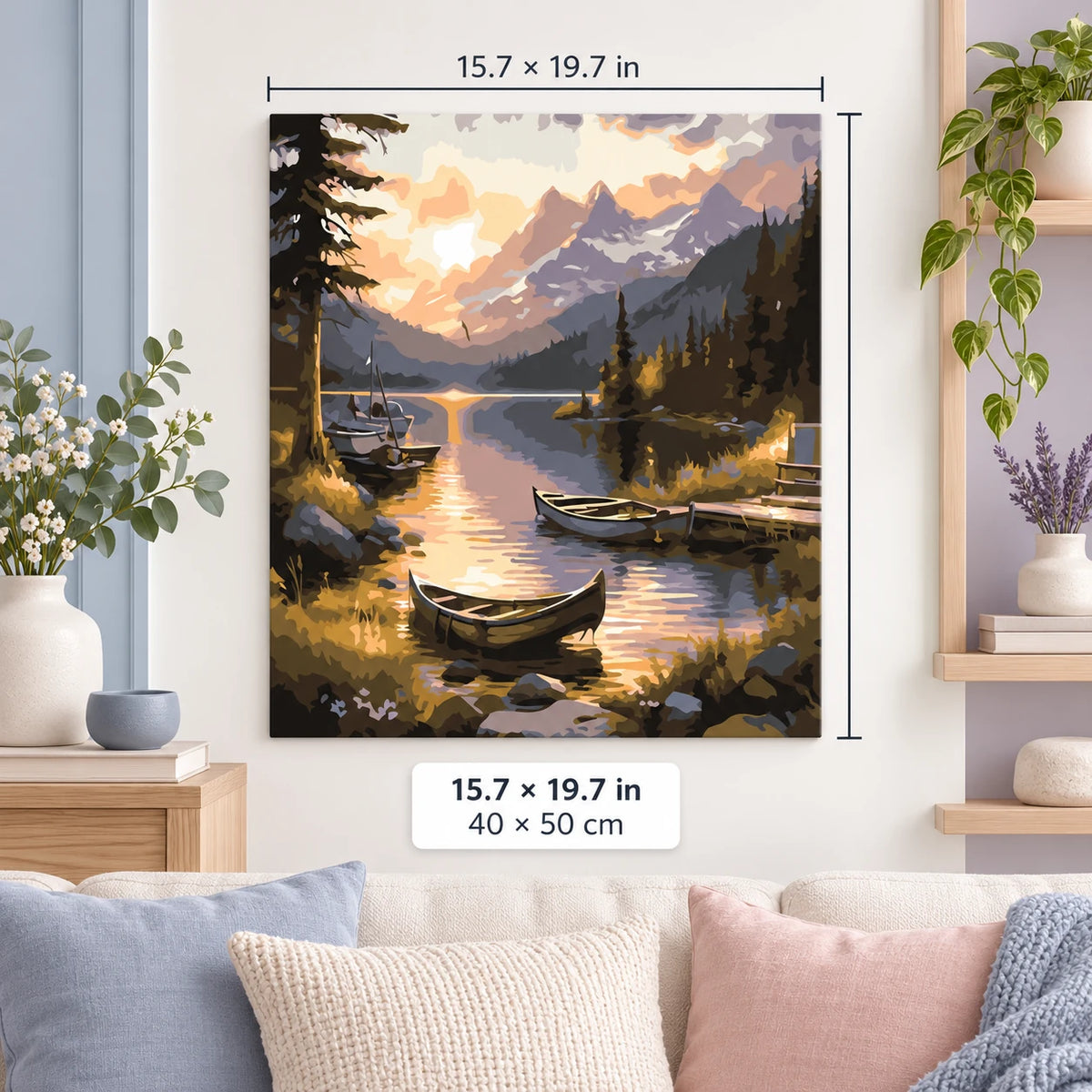 Rowboat on a Mountain Lake at Sunset shown in a styled room with 15.7 × 19.7 in and 40 × 50 cm dimensions